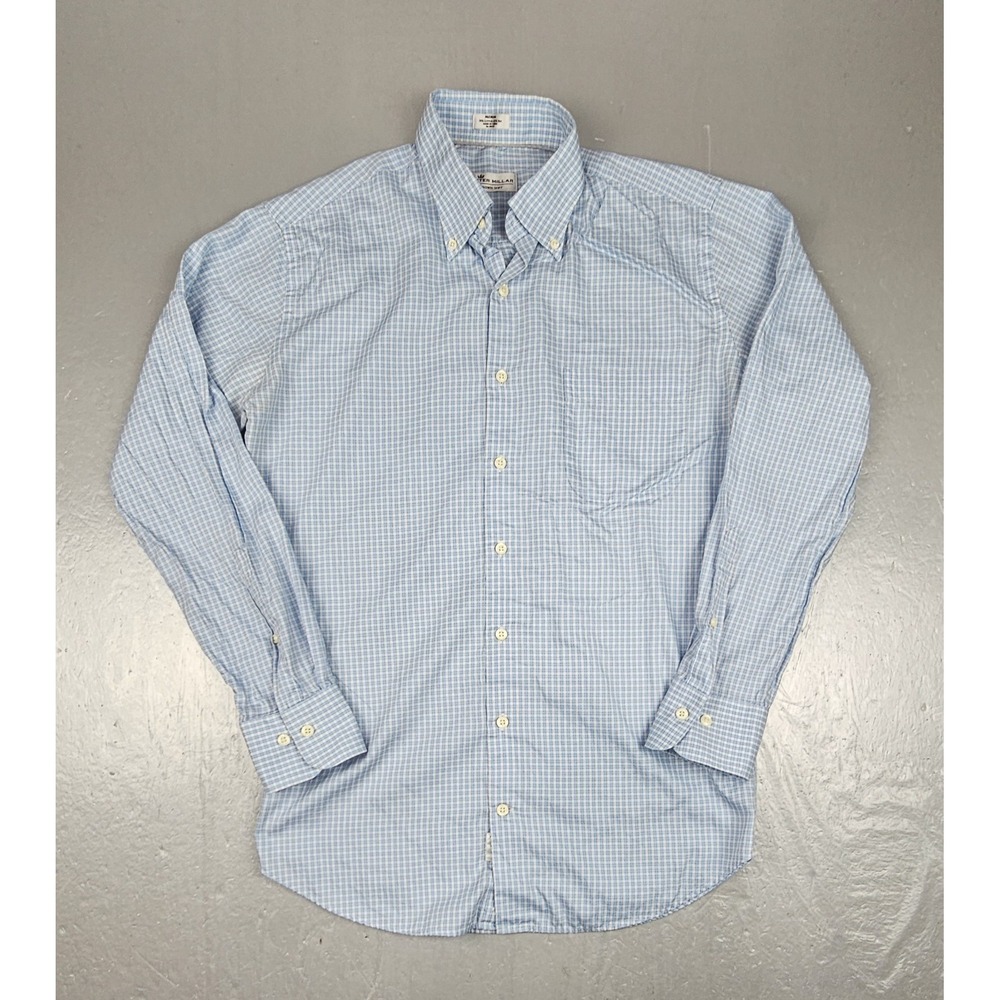 Peter Millar Button Down Shirt Mens Large Blue Crown Soft Plaid Long Sleeve